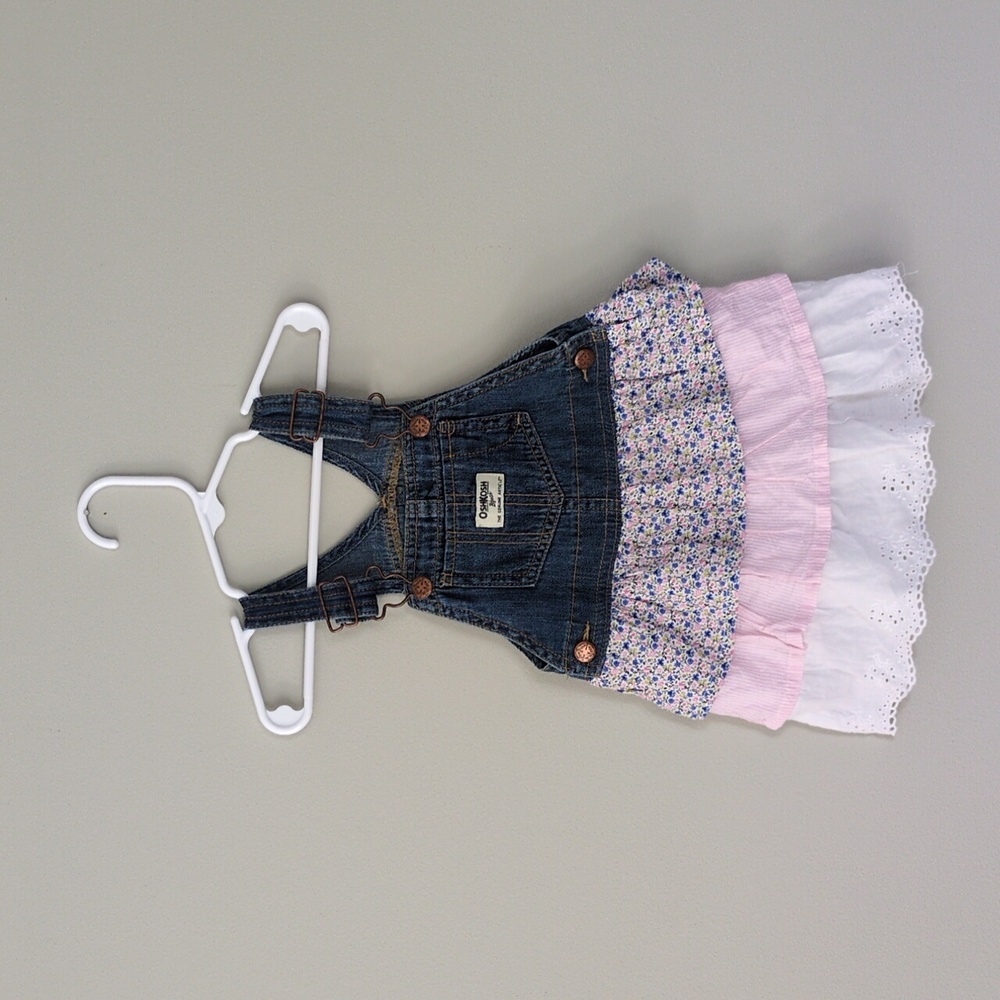 OshKosh B'gosh Denim Overall Dress with Pink and White Ruffled Skirt 2T
